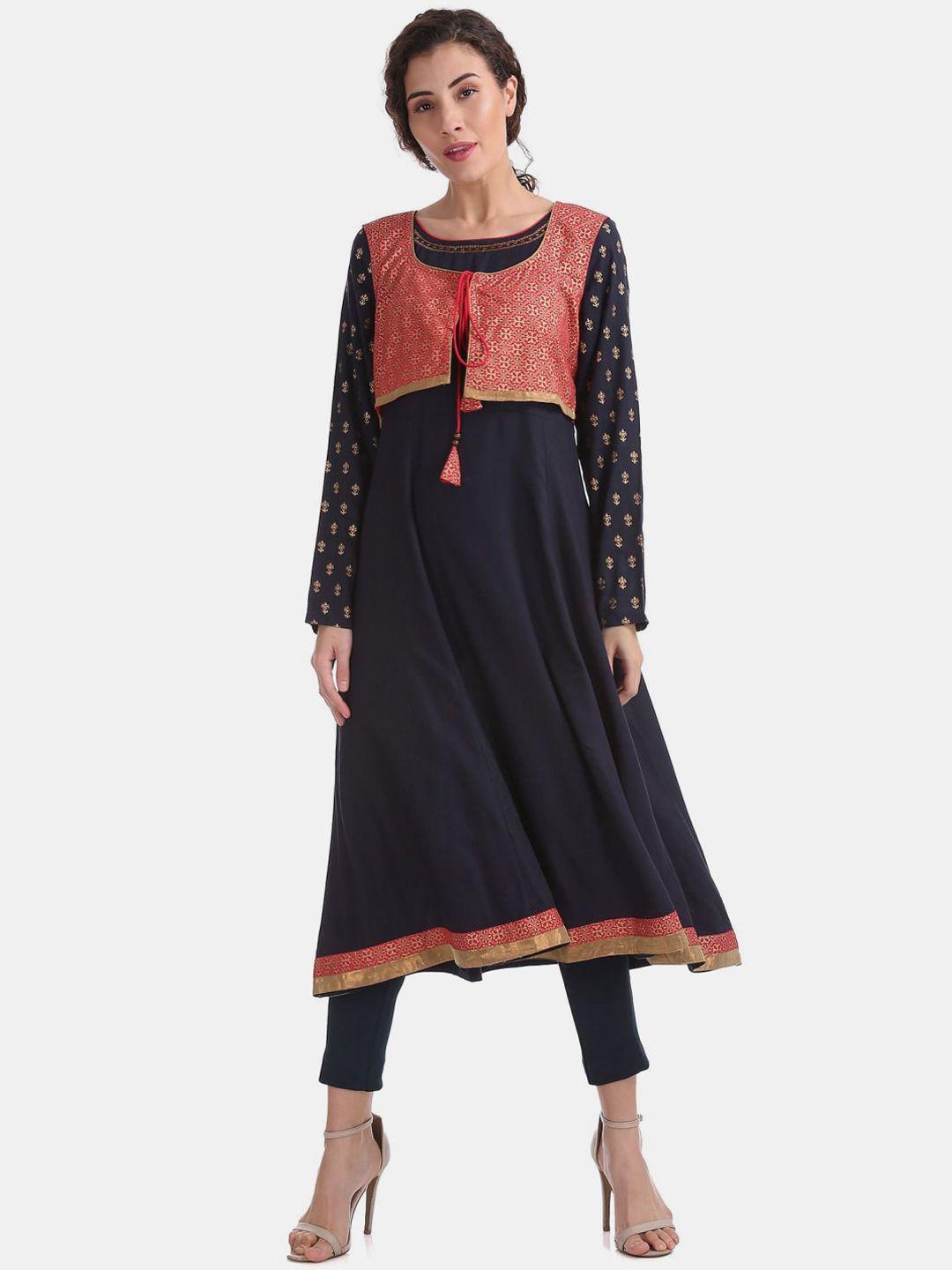 v-mart ethnic motifs printed round neck kurta with ethnic jacket