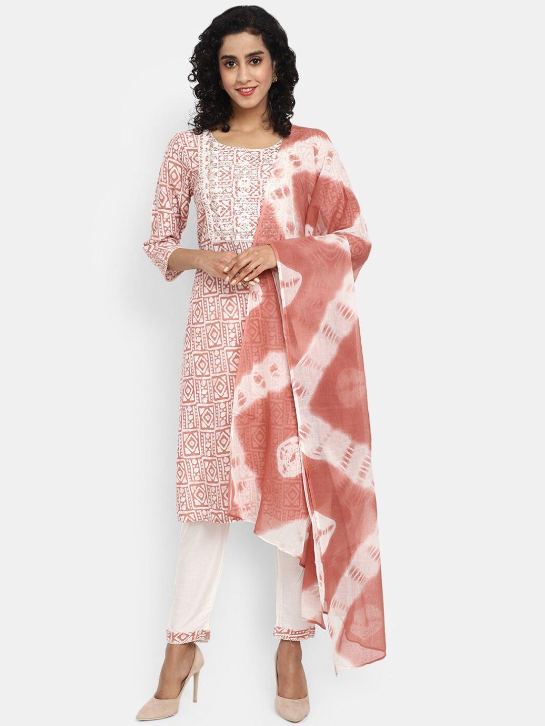 v-mart ethnic motifs printed sequinned kurta with trousers & dupatta