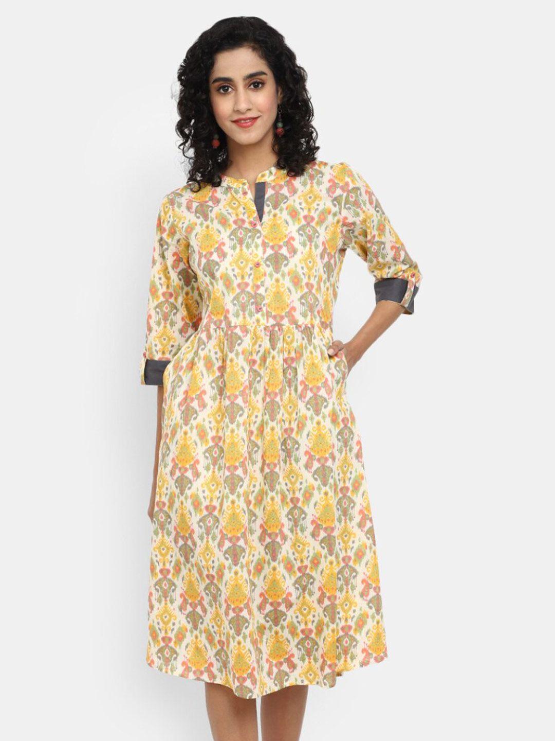 v-mart floral print band collar cotton a-line midi dress