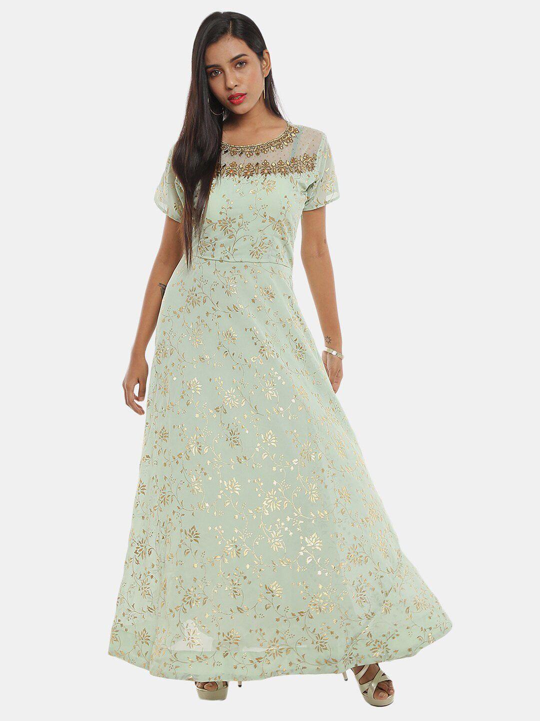 v-mart floral printed chiffon embellished gown maxi dress