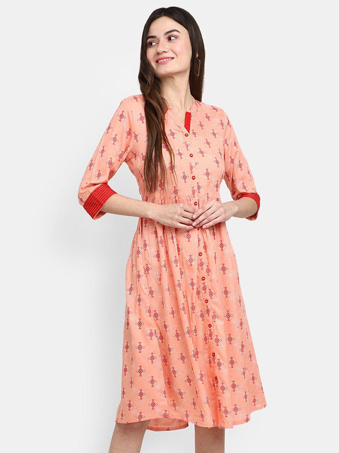 v-mart geometric printed mandarin collar a-line dress