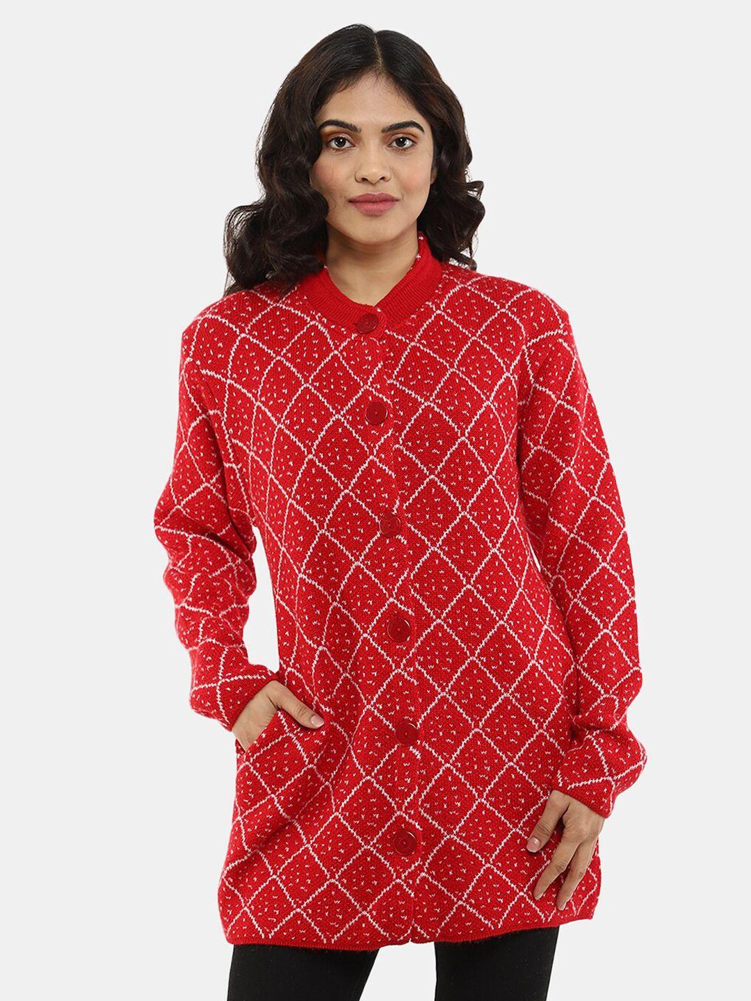 v-mart geometric printed mock collar cotton longline cardigan
