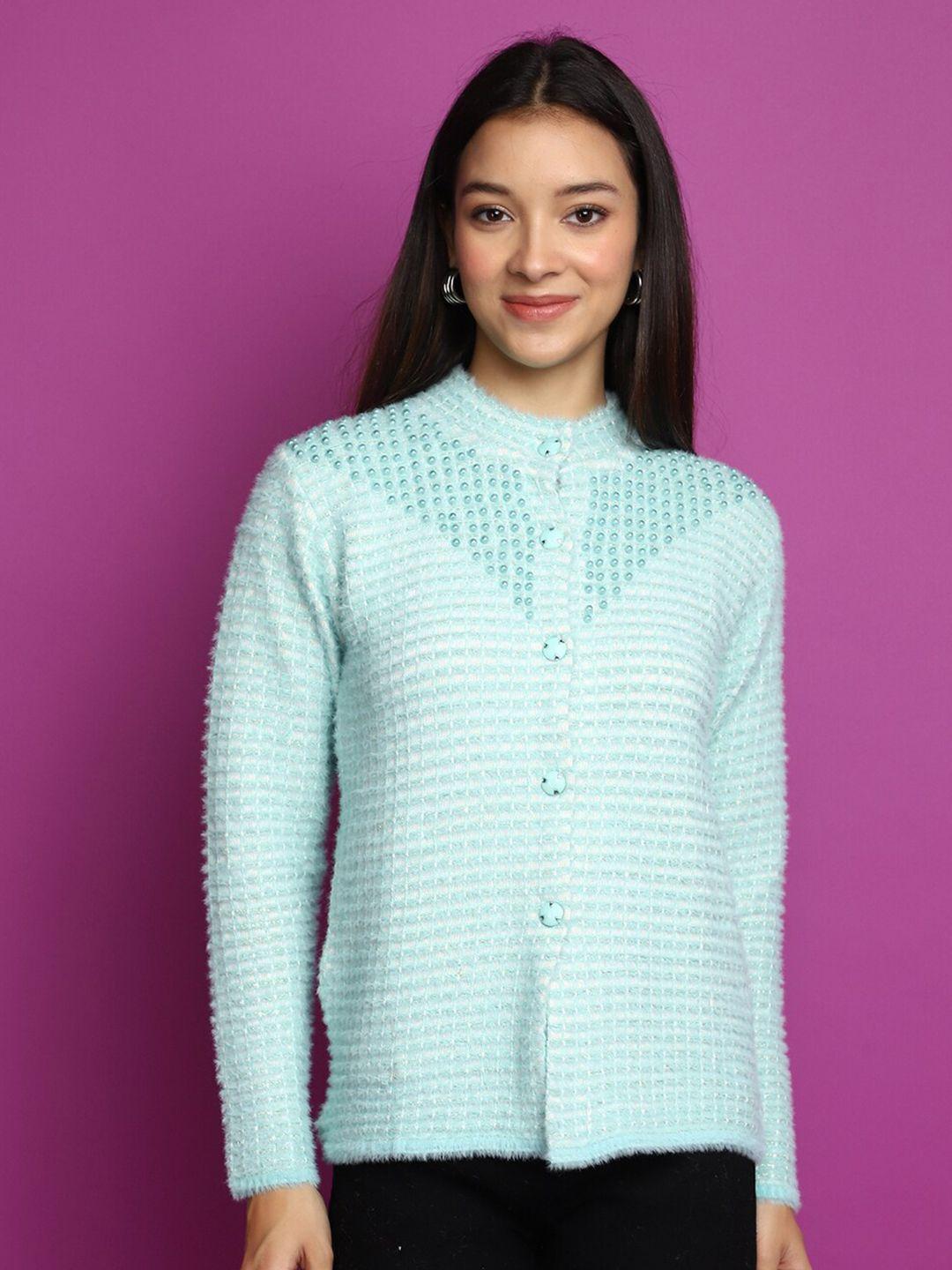 v-mart geometric self design embellished high neck cotton cardigan sweater