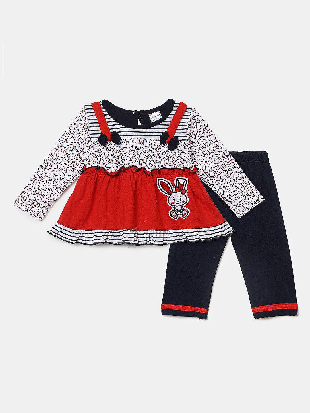 v-mart girls red & navy blue printed pure cotton top with pyjamas