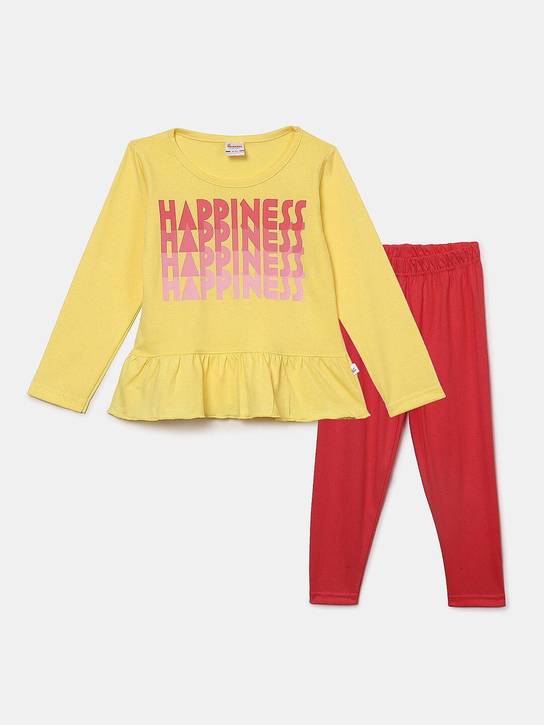 v-mart girls yellow & red printed pure cotton top with pyjamas