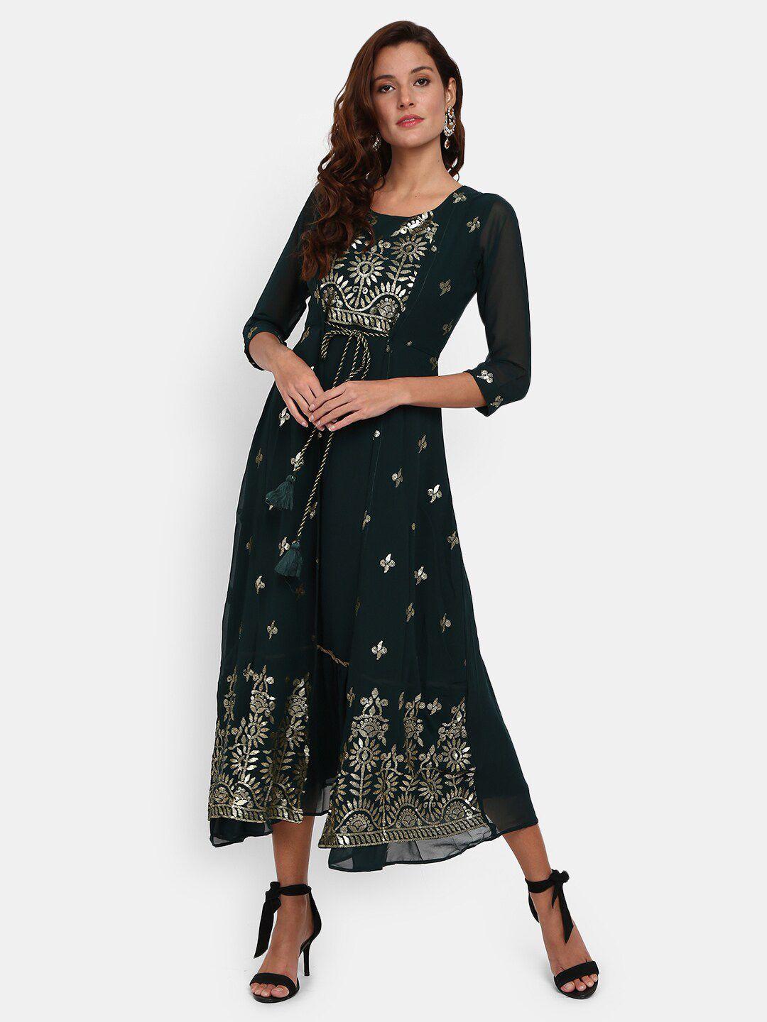 v-mart green & gold-toned embellished layered ethnic a-line midi dress