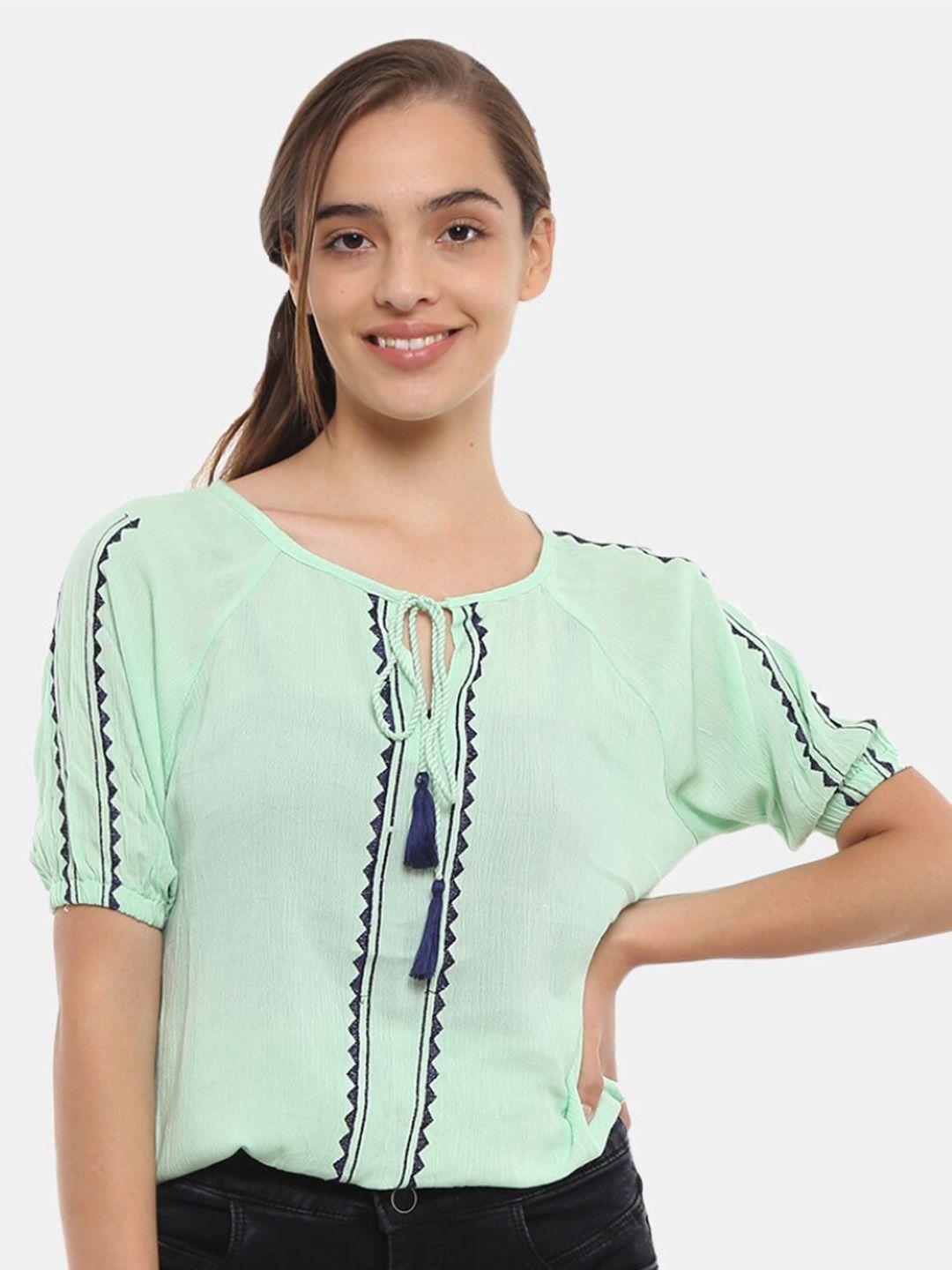 v-mart green solid tie-up neck top