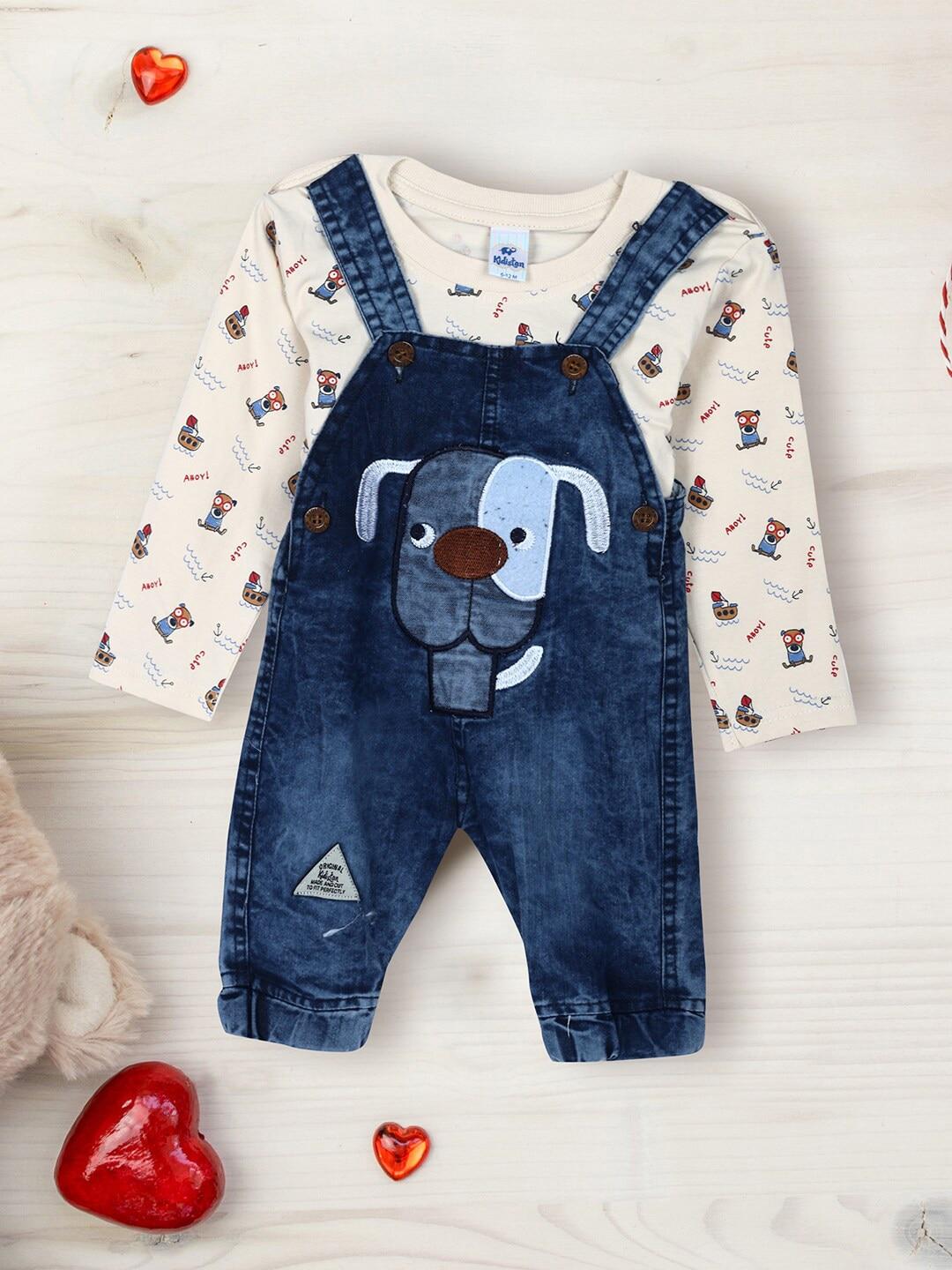 v-mart infants printed cotton straight leg dungaree with t-shirt