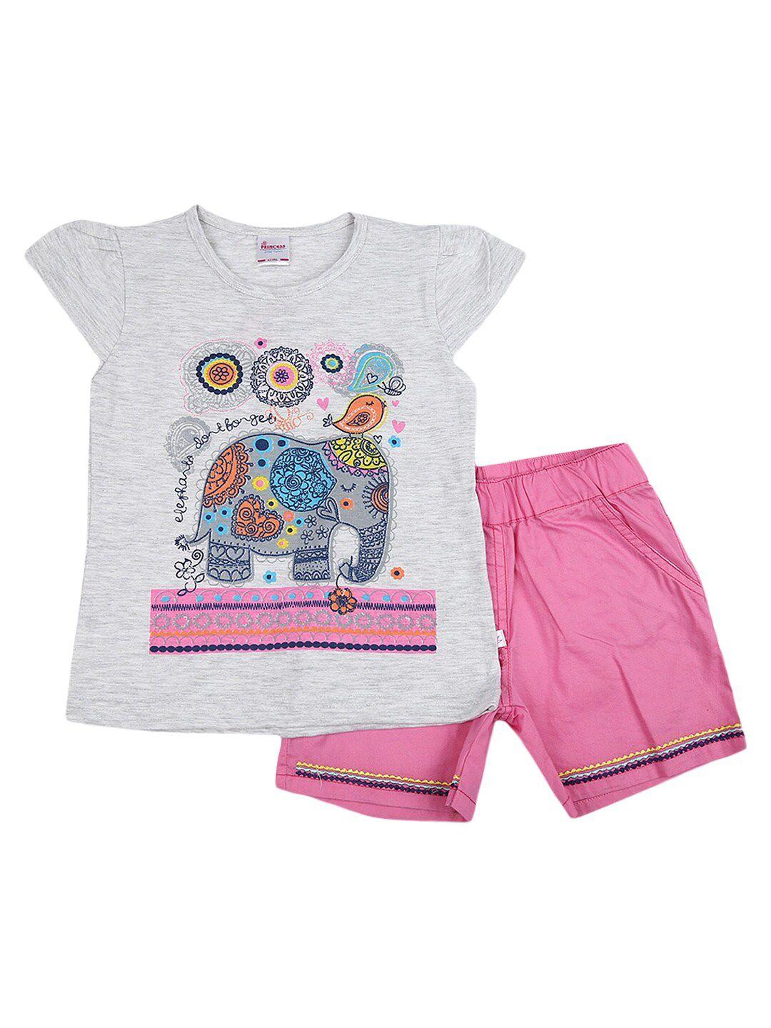 v-mart kids grey & pink cotton printed t-shirt with shorts