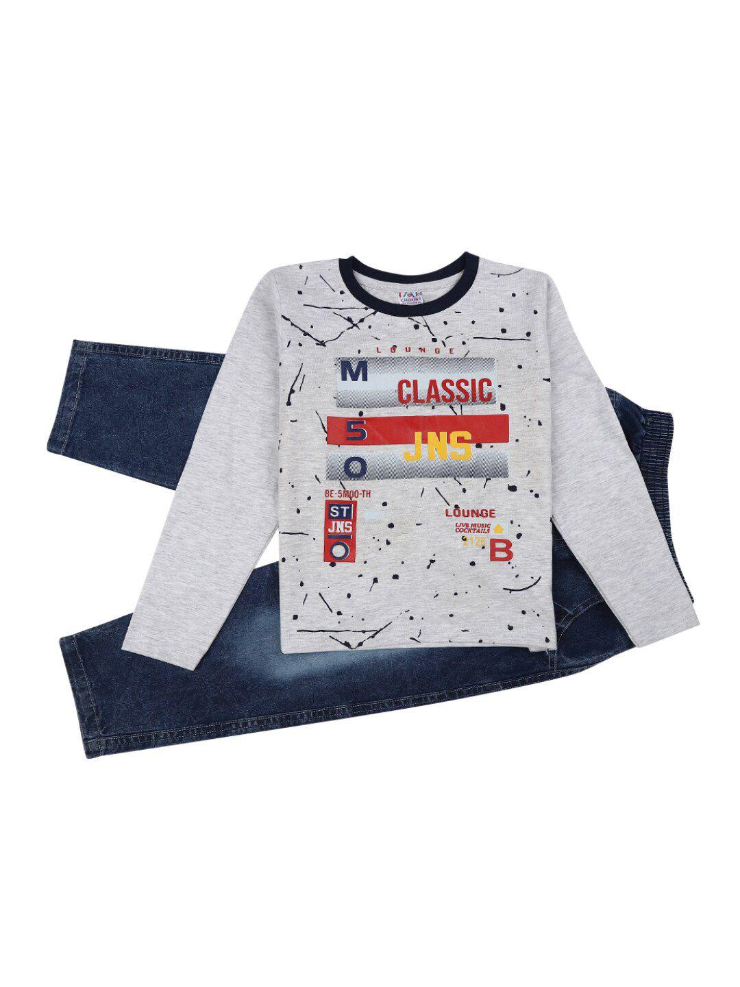 v-mart kids grey melange printed pure cotton t-shirt with trousers