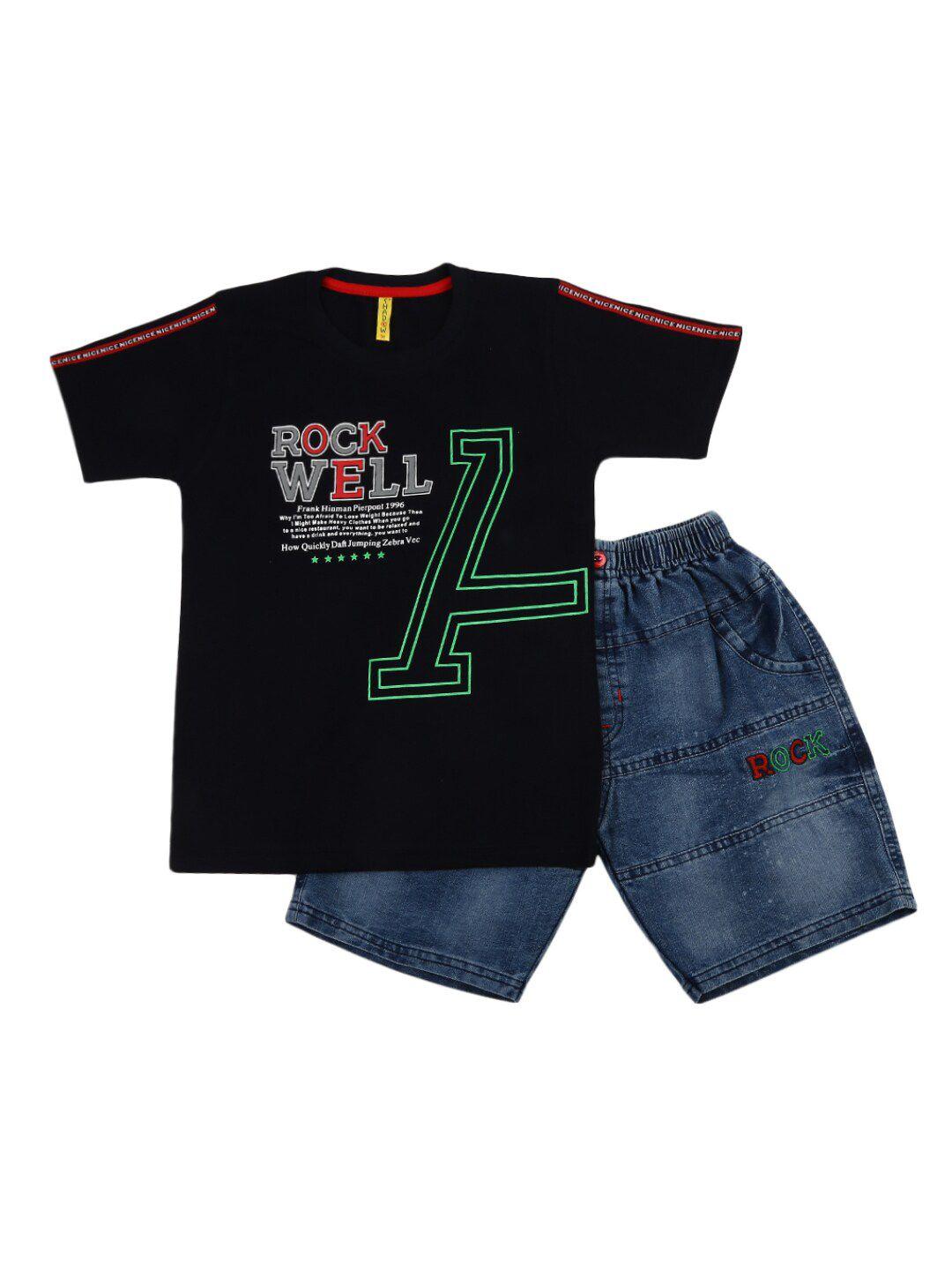 v-mart kids navy blue & black printed t-shirt with shorts