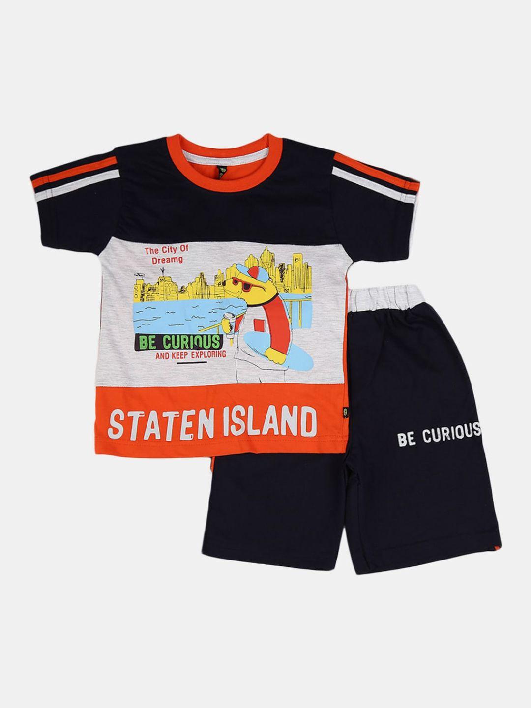 v-mart kids navy blue & orange printed cotton clothing set