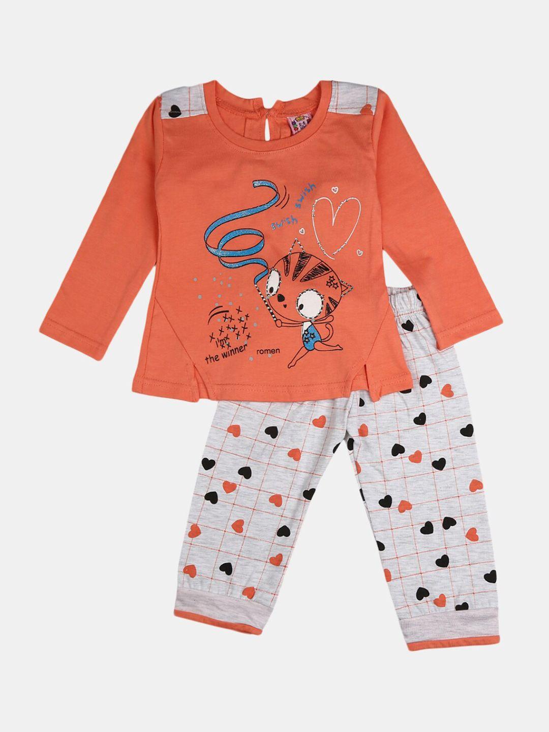 v-mart kids orange & grey printed top with pyjama