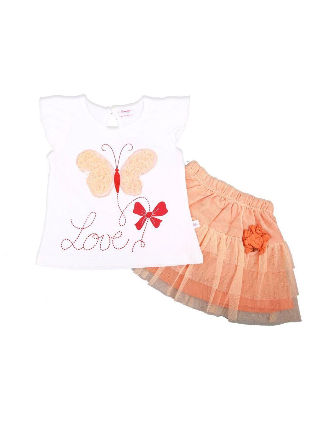 v-mart kids peach-coloured & white printed pure cotton t-shirt with skirt