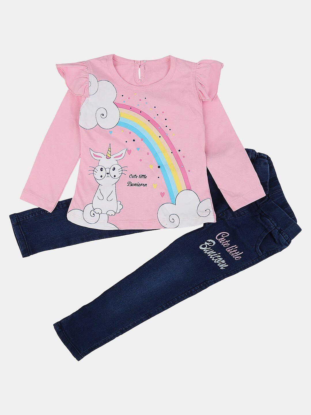 v-mart kids pink & blue printed top with trousers