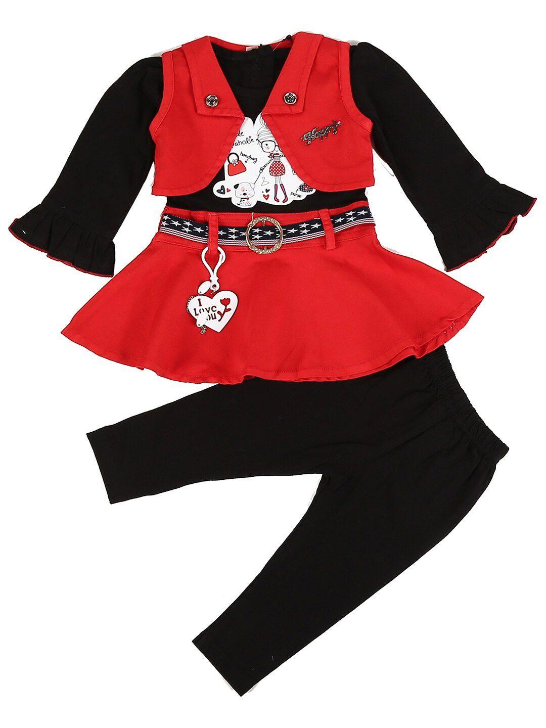 v-mart kids red & black printed top with trousers
