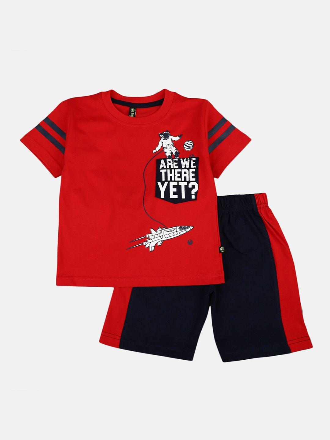 v-mart kids red & navy blue printed t-shirt with shorts