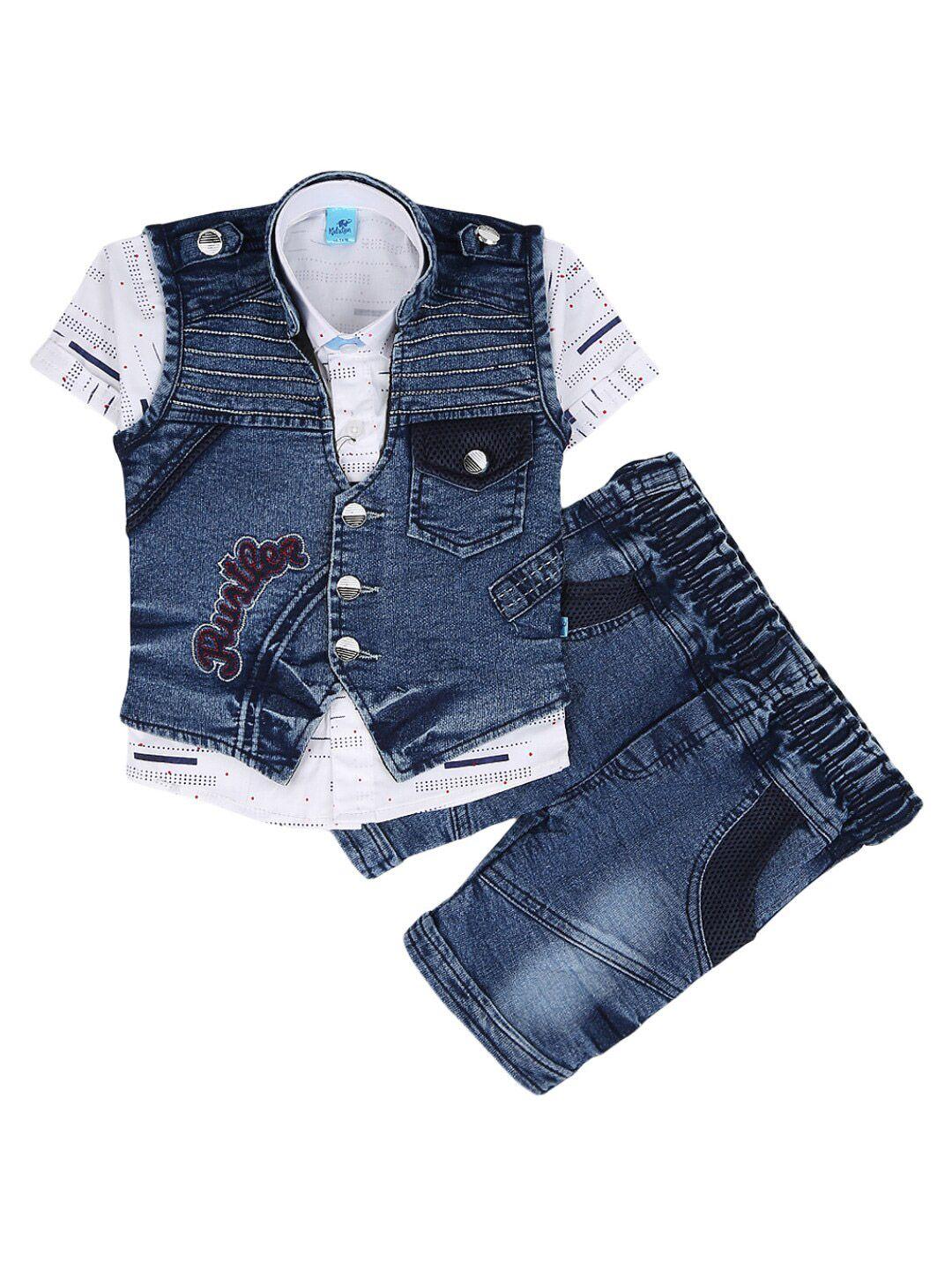 v-mart kids white & blue printed cotton shirt with capris