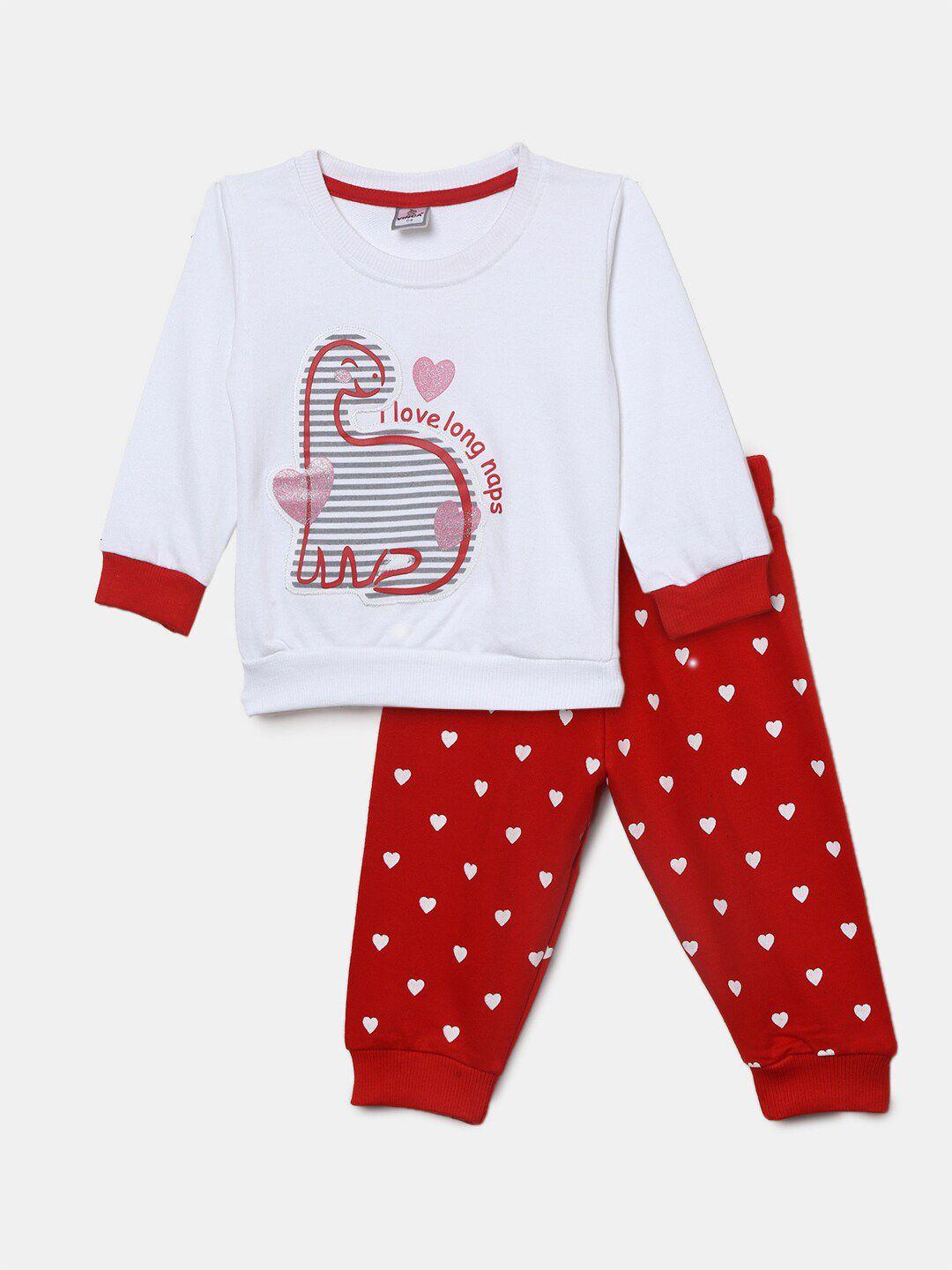 v-mart kids white & red printed pure cotton t-shirt with pyjamas