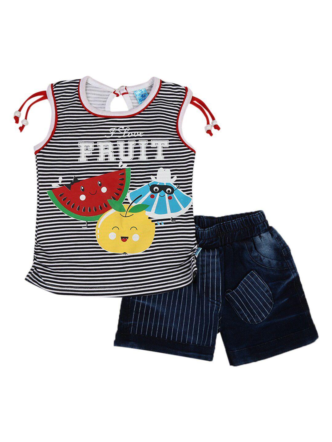 v-mart kids white & red printed top with denim shorts