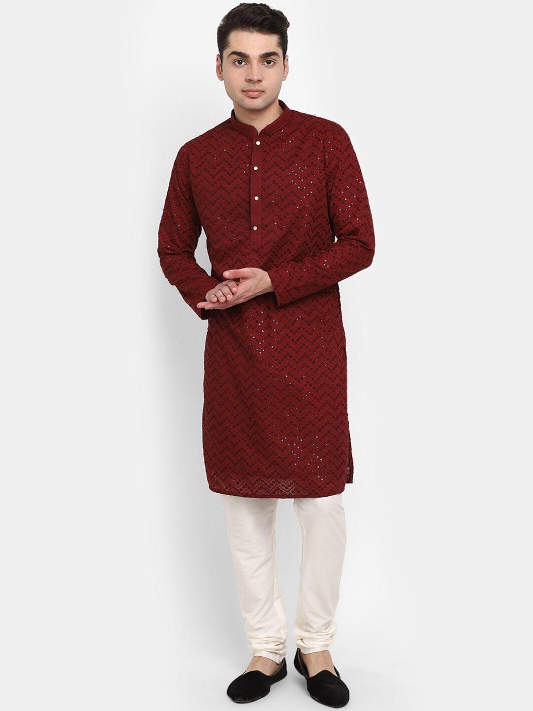 v-mart mandarin collar geometric self design sequinned pure cotton kurta with pyjamas