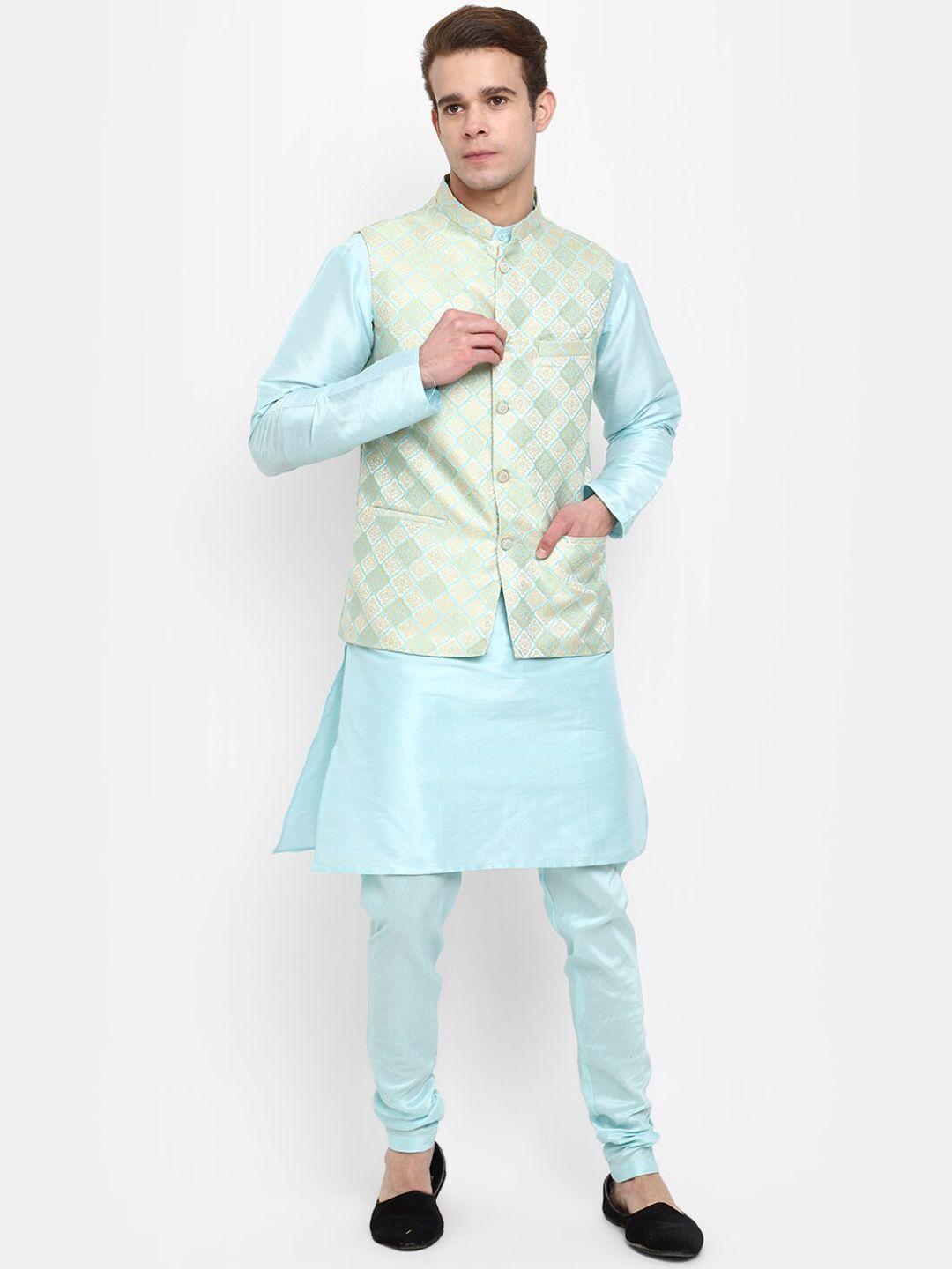 v-mart mandarin collar regular kurta with churidar with woven design nehru jacket