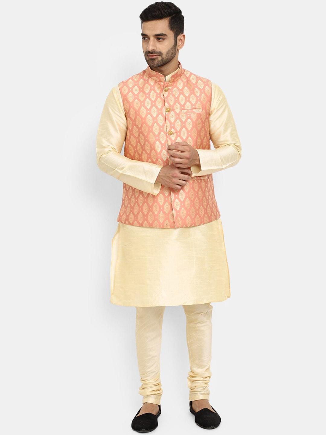 v-mart mandarin collar regular kurta with pyjamas with printed nehru jacket