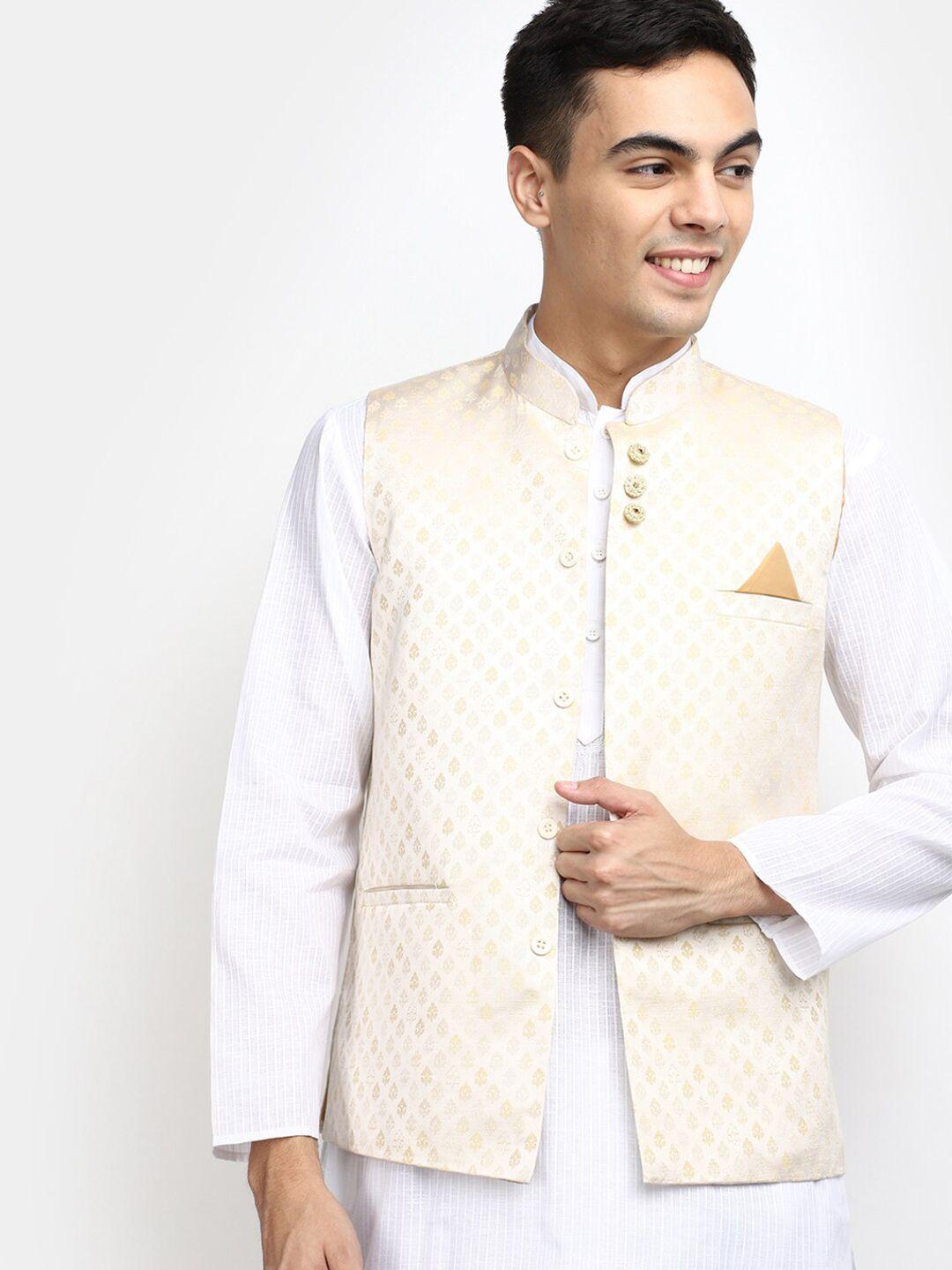 v-mart mandarin collar striped pure cotton kurta with churidar & nehru jacket