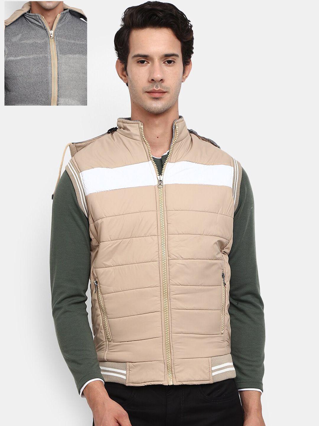 v-mart men beige&  grey colourblocked reversible outdoor padded jacket