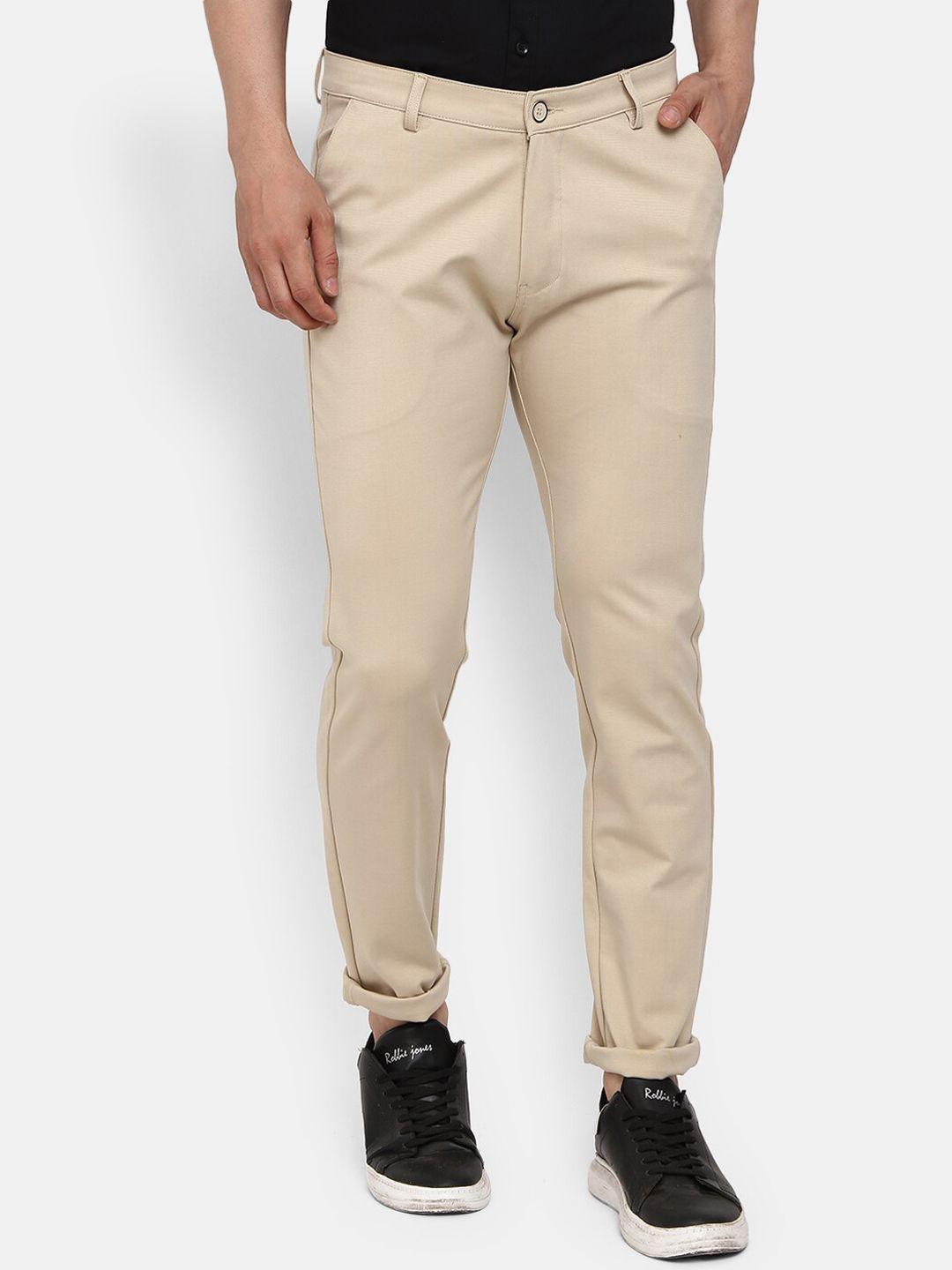 v-mart men beige classic cotton slim fit chinos trousers