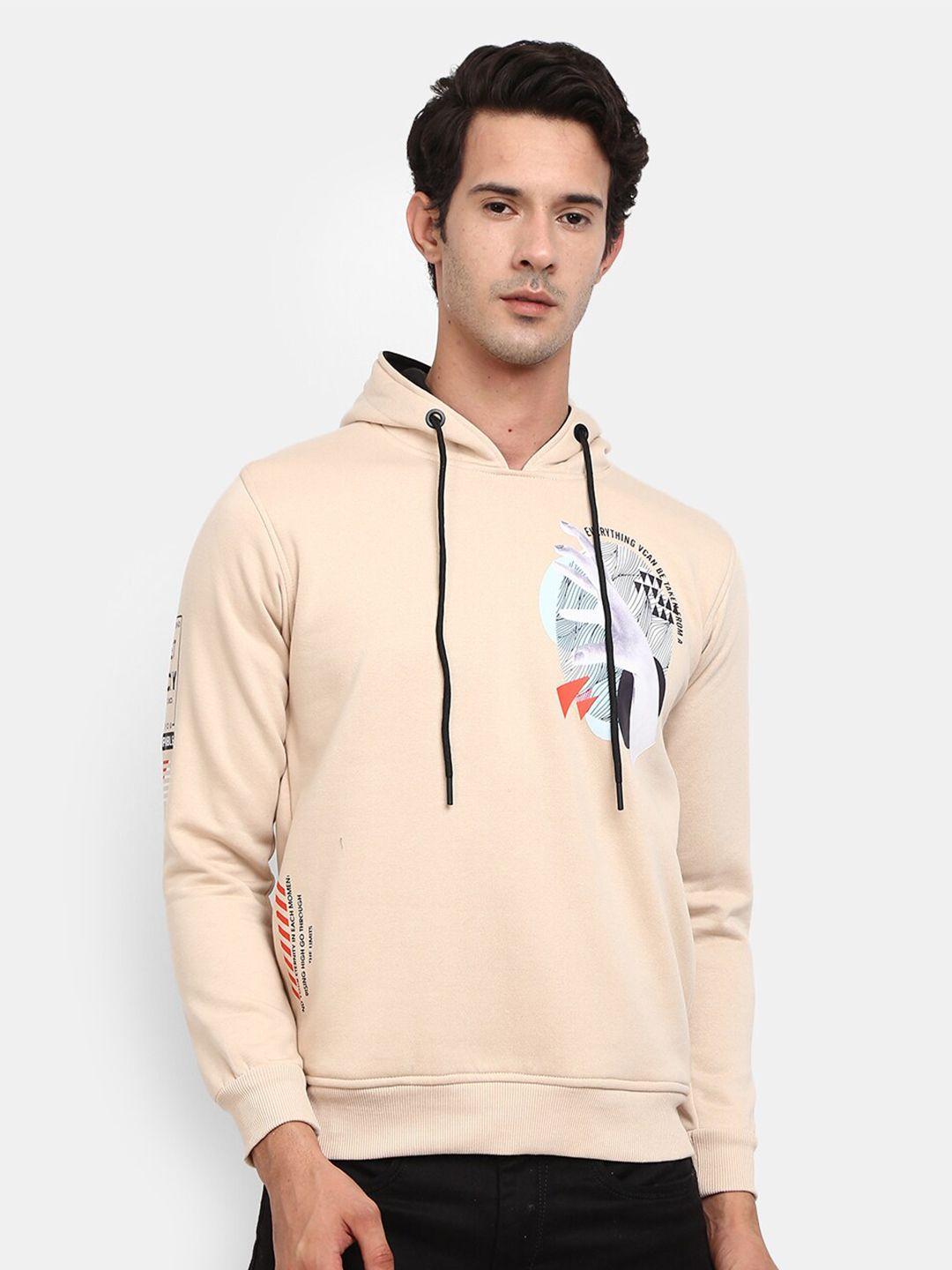 v-mart men beige printed hooded sweatshirt