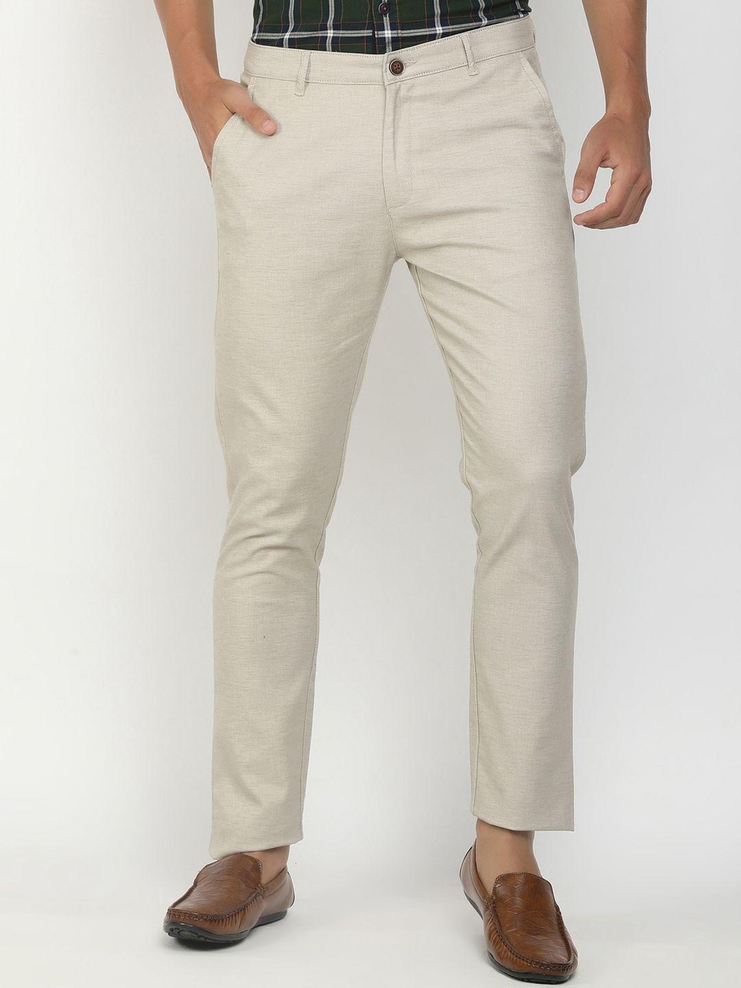 v-mart men beige self-design linen cotton trousers