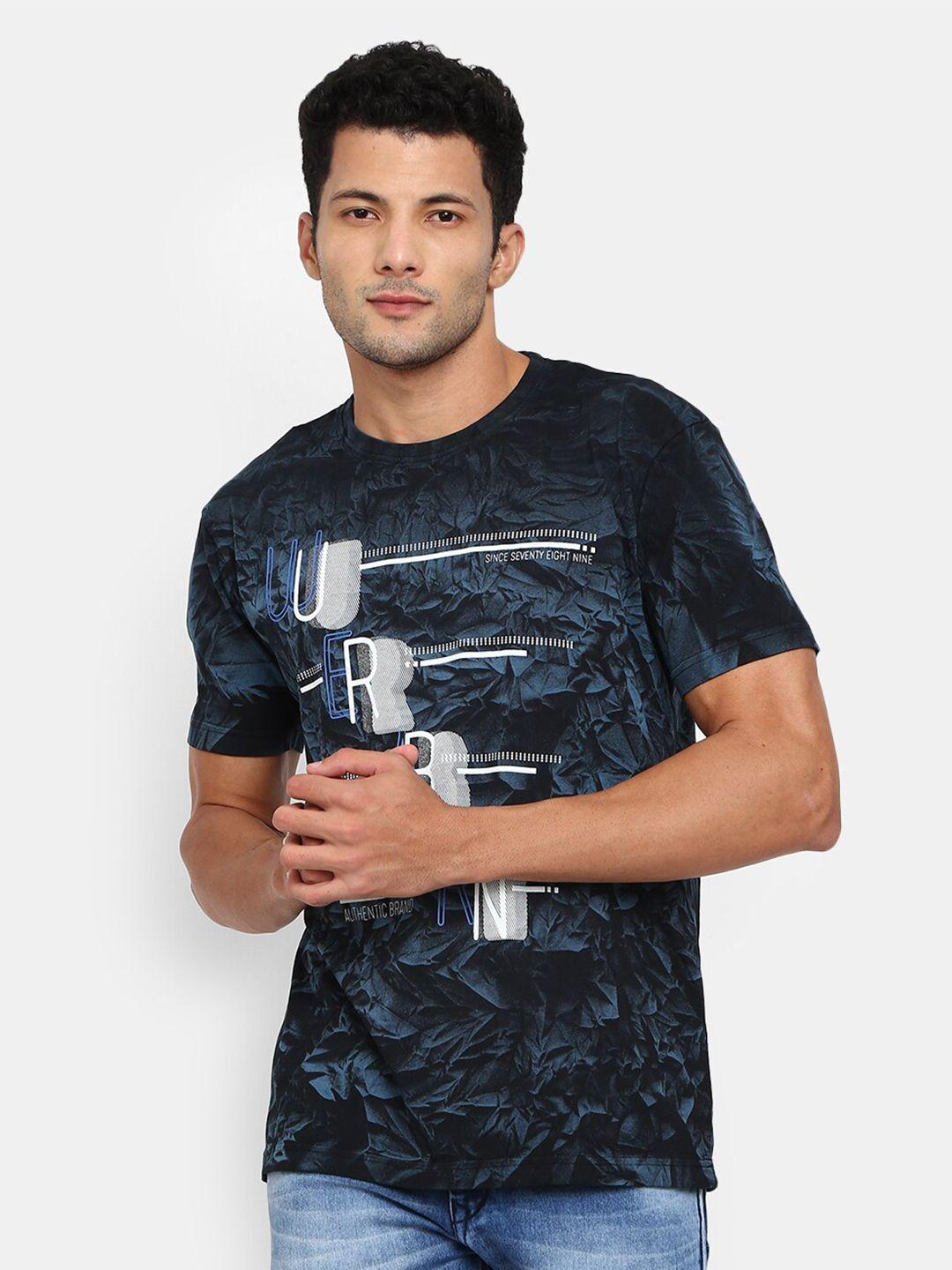 v-mart men black & blue regular fit printed t-shirt