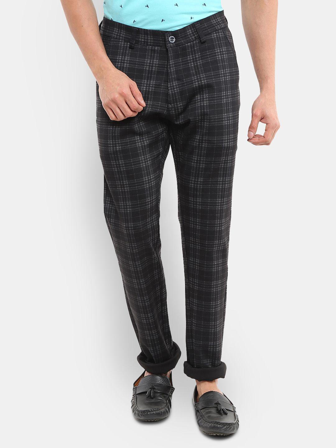 v-mart men black & grey checked classic slim fit easy wash trousers