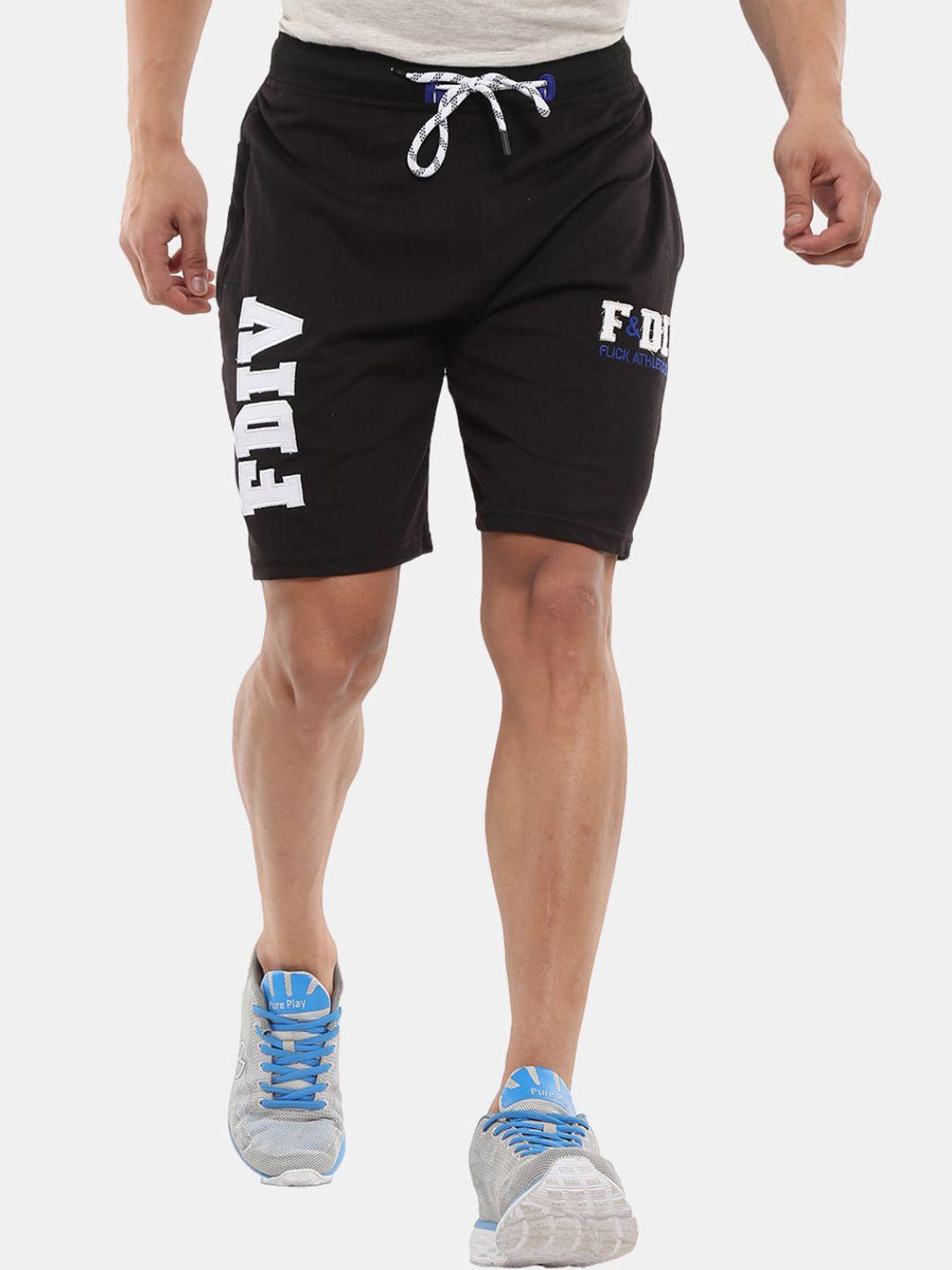 v-mart men black regular fit typography printed cotton sports shorts