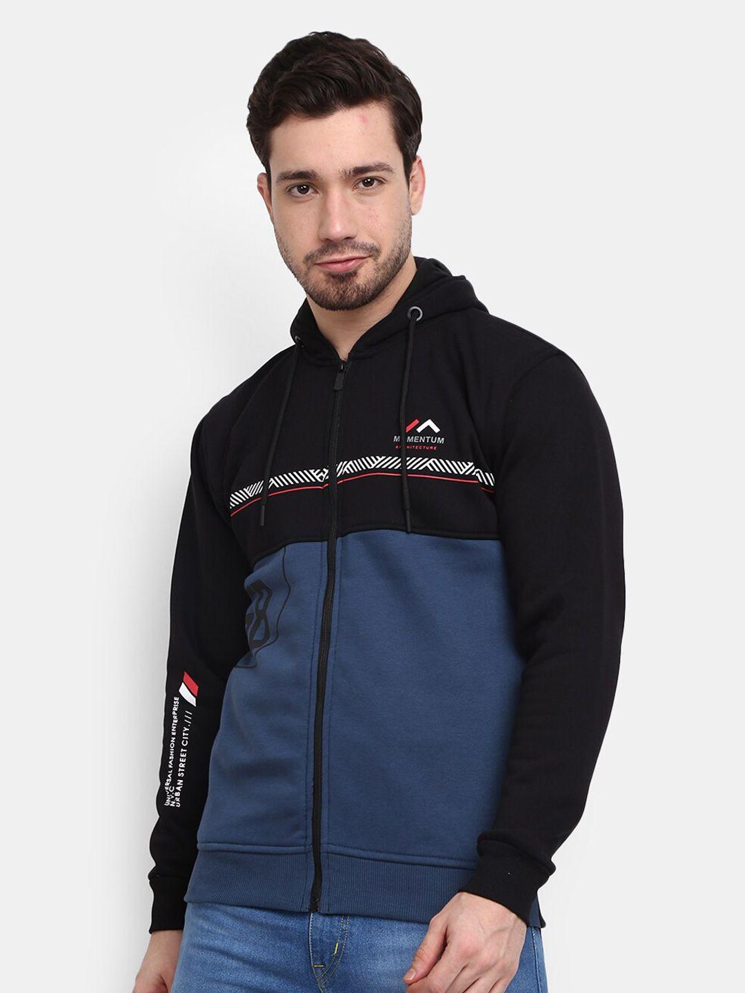 v-mart men blue & black printed hooded sweatshirt