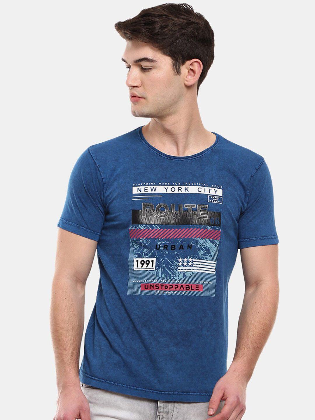 v-mart men blue & black typography printed slim fit t-shirt
