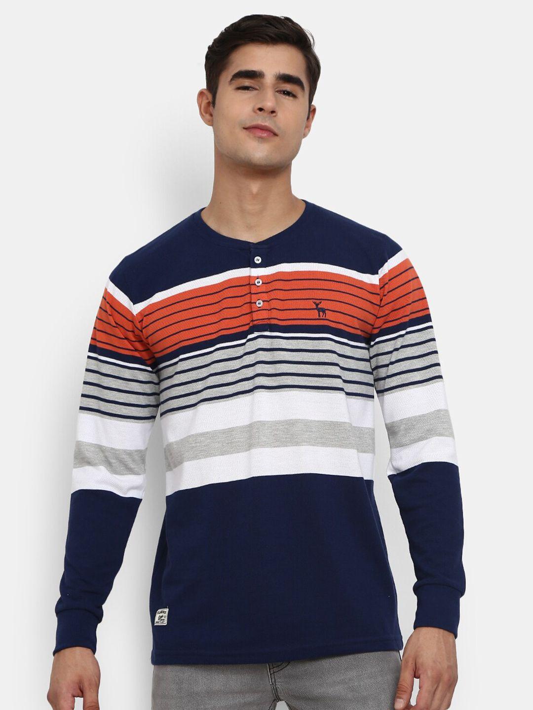 v-mart men blue & orange striped henley neck cotton t-shirt