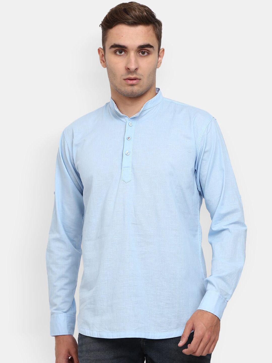 v-mart men blue solid cotton mandarin collar kurta