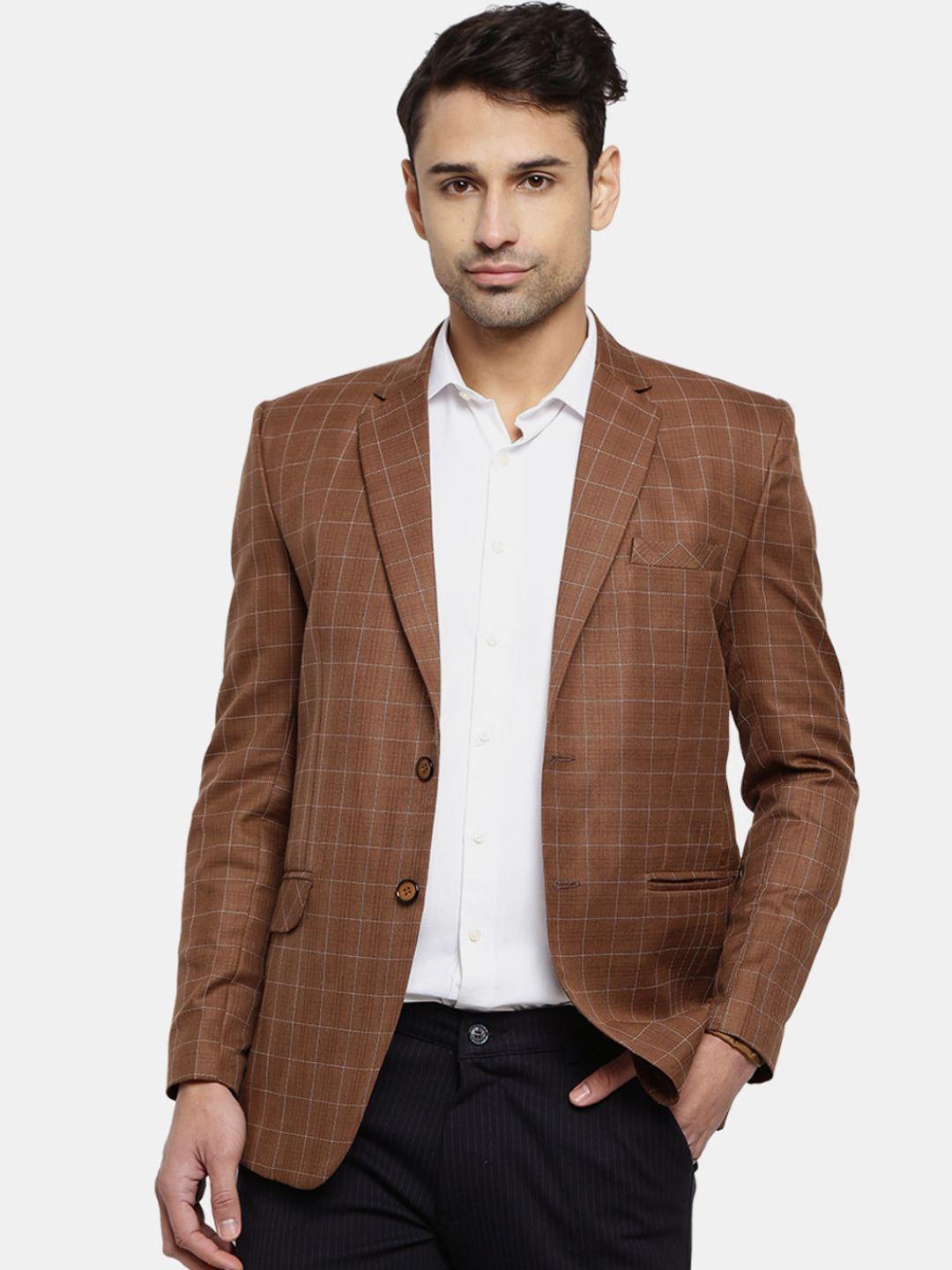 v-mart men brown checked single breasted formal blazer