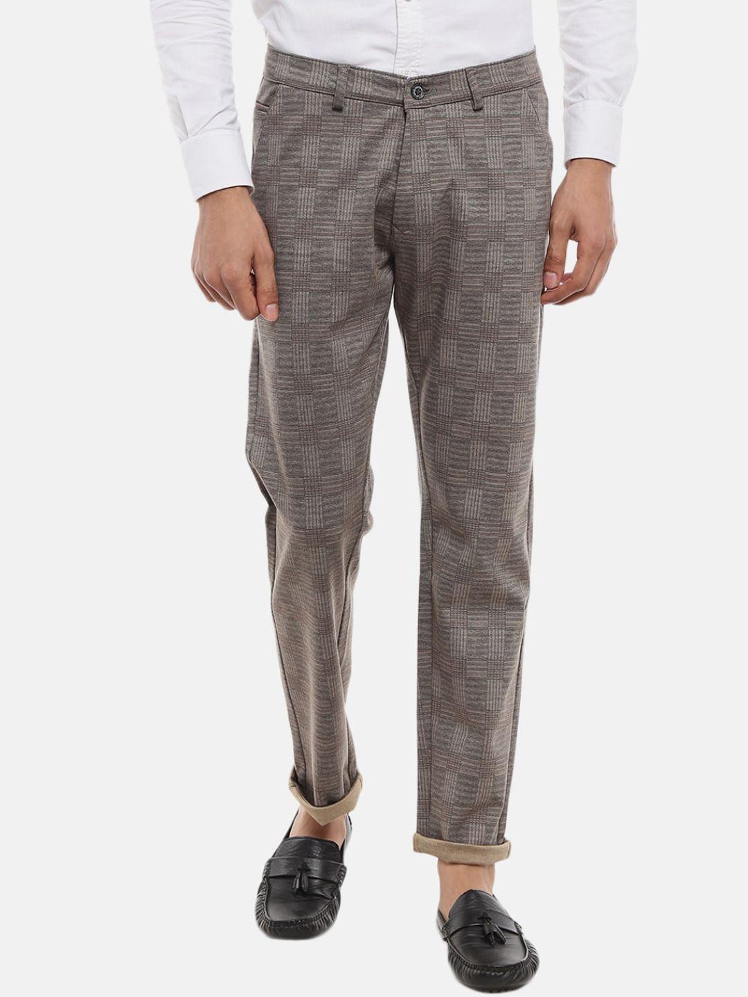 v-mart men brown checked slim fit easy wash trousers