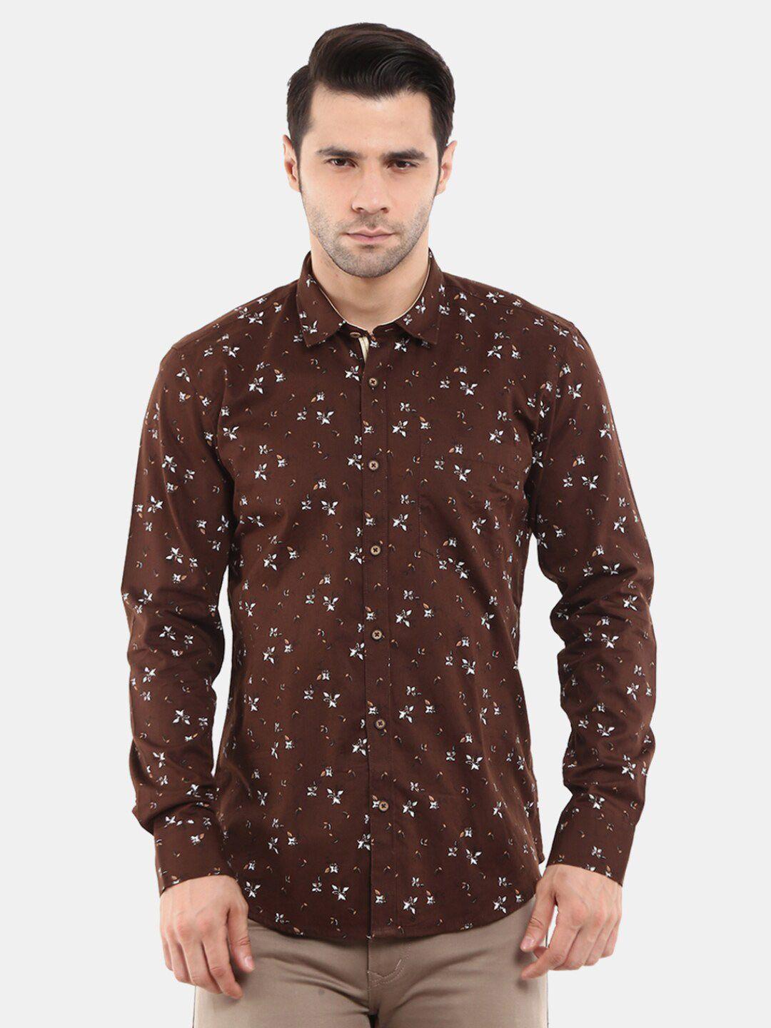 v-mart men brown regular fit floral printed cotton casual shirt