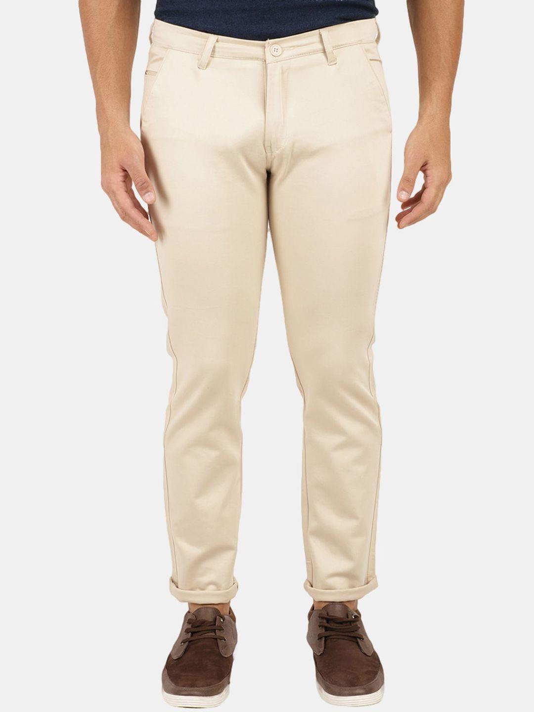 v-mart men cream solid slim fit cotton trousers