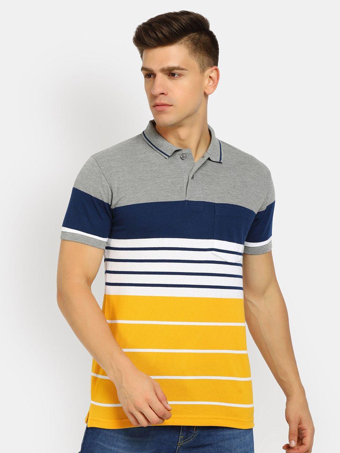 v-mart men gold-toned & navy blue striped polo collar cotton t-shirt