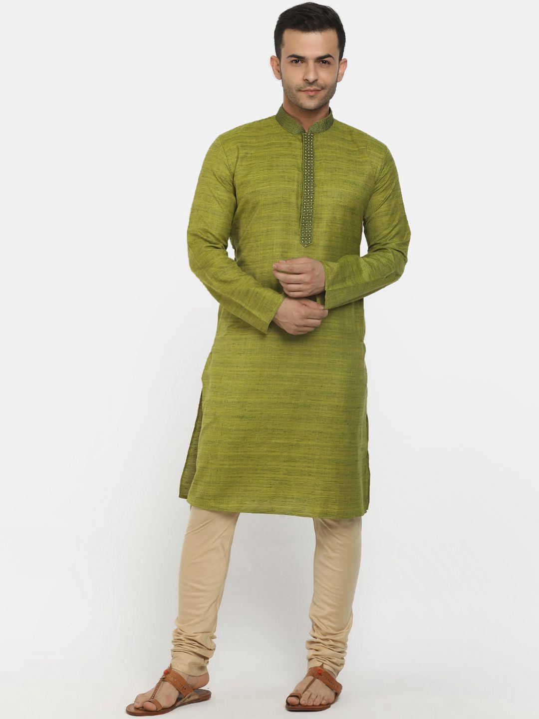 v-mart men green solid mandarin collar pure cotton kurta with pyjamas