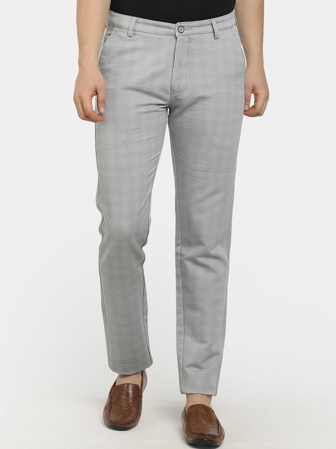 v-mart men grey checked classic slim fit cotton trousers