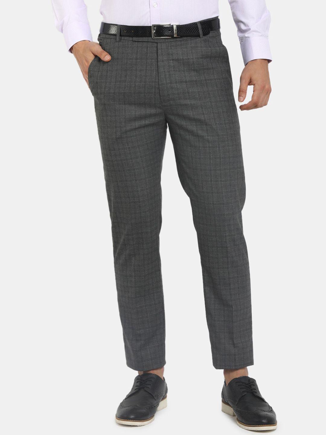 v-mart men grey checked classic slim fit trousers