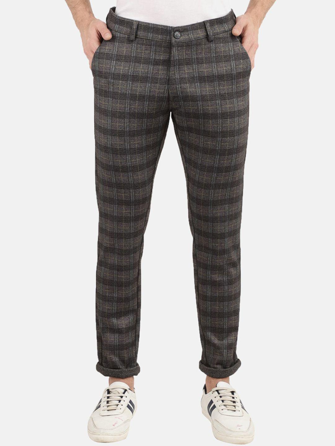 v-mart men grey checked slim fit easy wash trousers