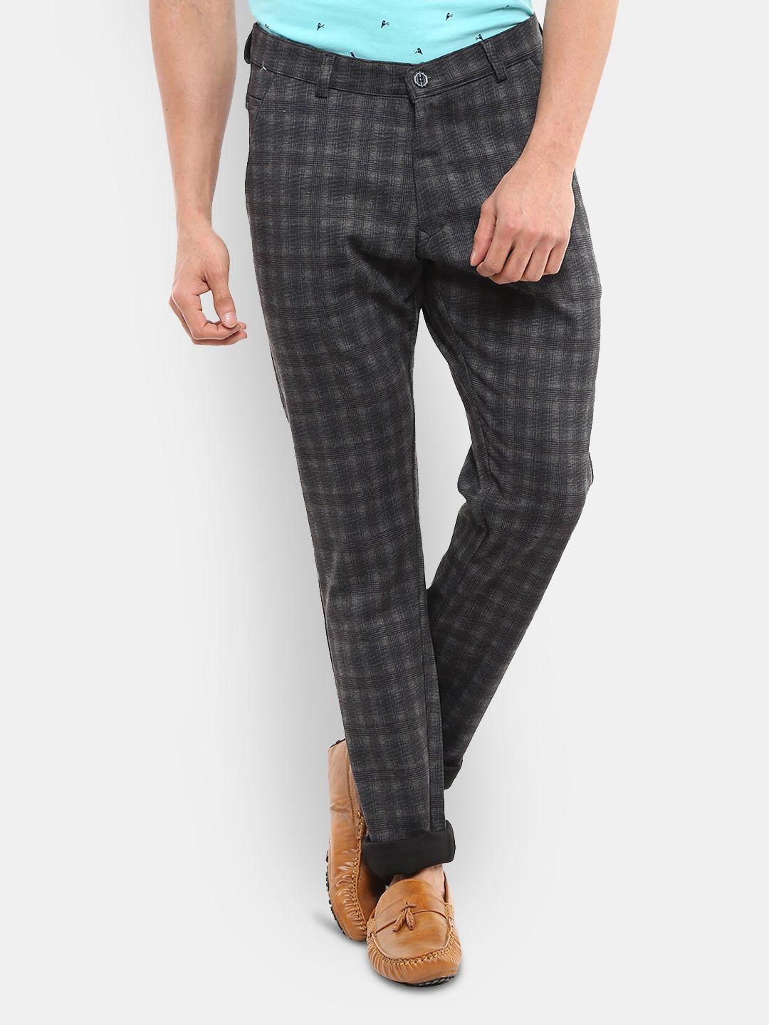 v-mart men grey checked slim fit satin cotton trousers