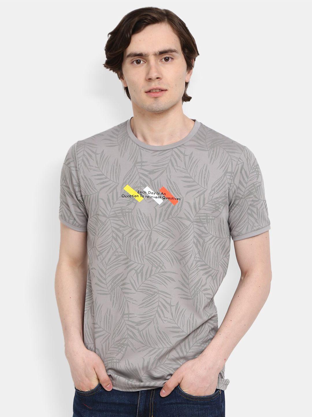 v-mart men grey floral printed applique slim fit t-shirt